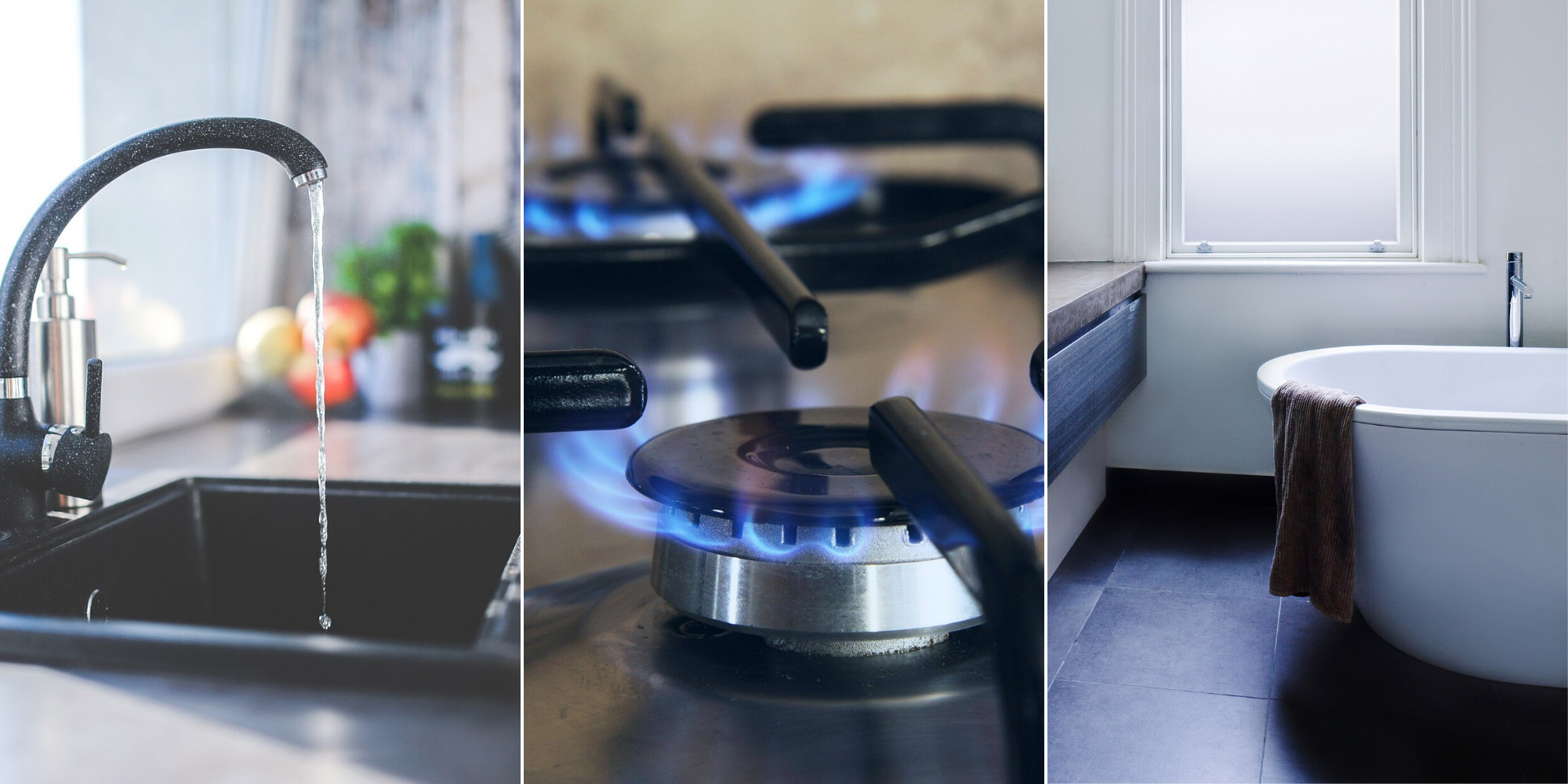 Running tap, close up of gas burner and serene blue bath